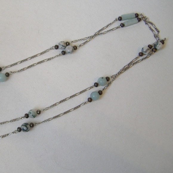 Green Stone Beaded Silver Metal Chain Necklace New - Picture 6 of 7